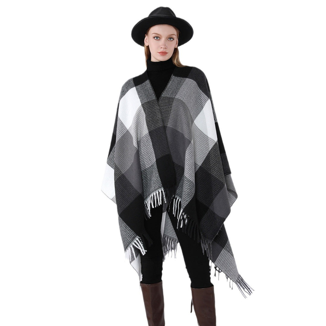 Damen Weichfallender Oversize-Poncho im Plaid-Webmuster mit V-Kragen und Fransensaum Echo Archiv