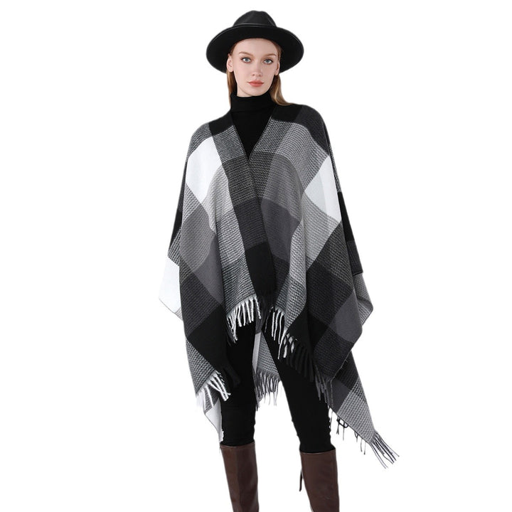Damen Weichfallender Oversize-Poncho im Plaid-Webmuster mit V-Kragen und Fransensaum Echo Archiv