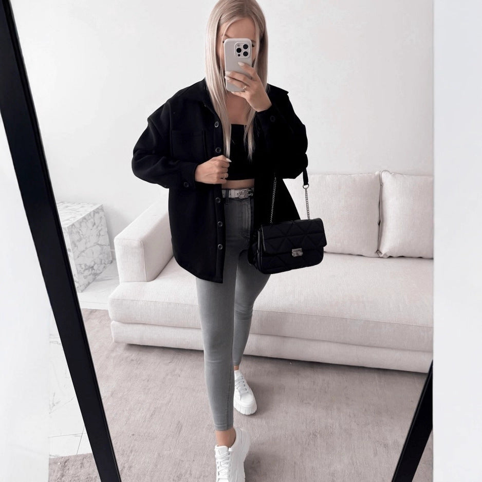Damen Oversized Hemdjacke Shacket aus weichem Wollmix mit aufgesetzten Brusttaschen Echoarchiv