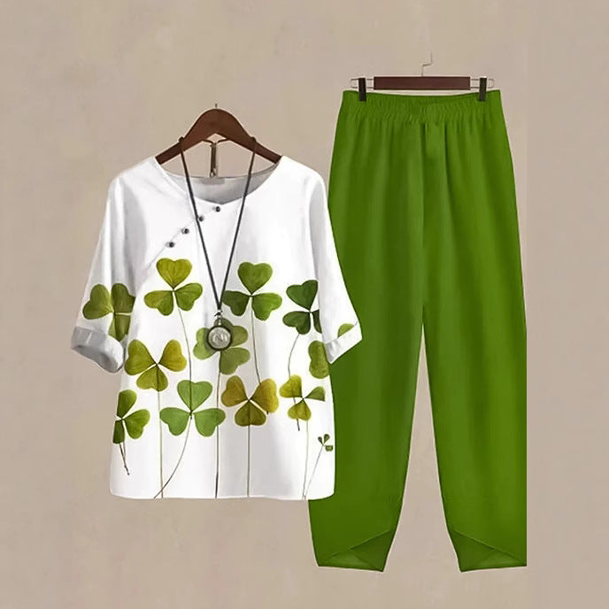 Damen nan zweiteiliges Freizeitset mit Kleeblatt-Print-Tunika und elastischer Komfortbund-Hose Echo Archiv