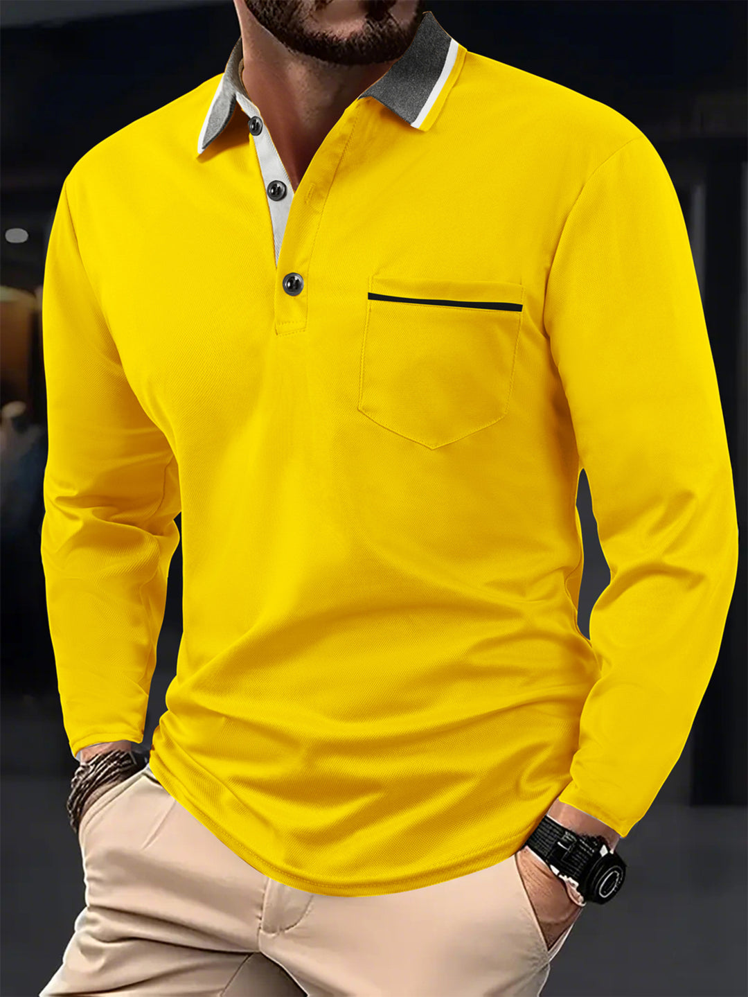 Herren Langarm Poloshirt mit strukturiertem Kragen und Brusttasche Echoarchiv