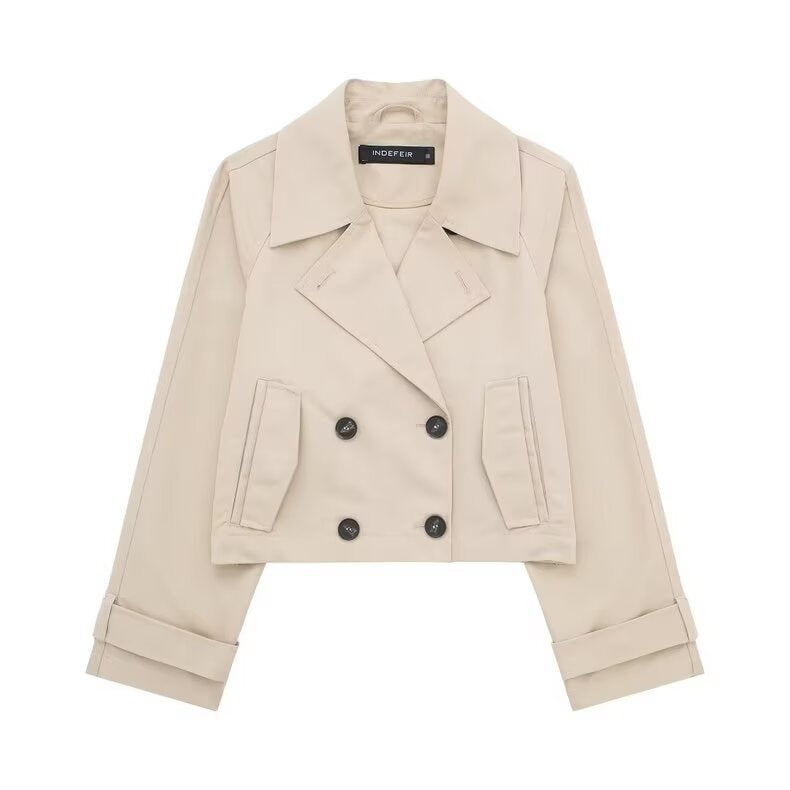 Damen kurze zweireihige Cropped Trenchjacke mit breitem Revers und verstellbaren Ärmelschnallen – Célinea