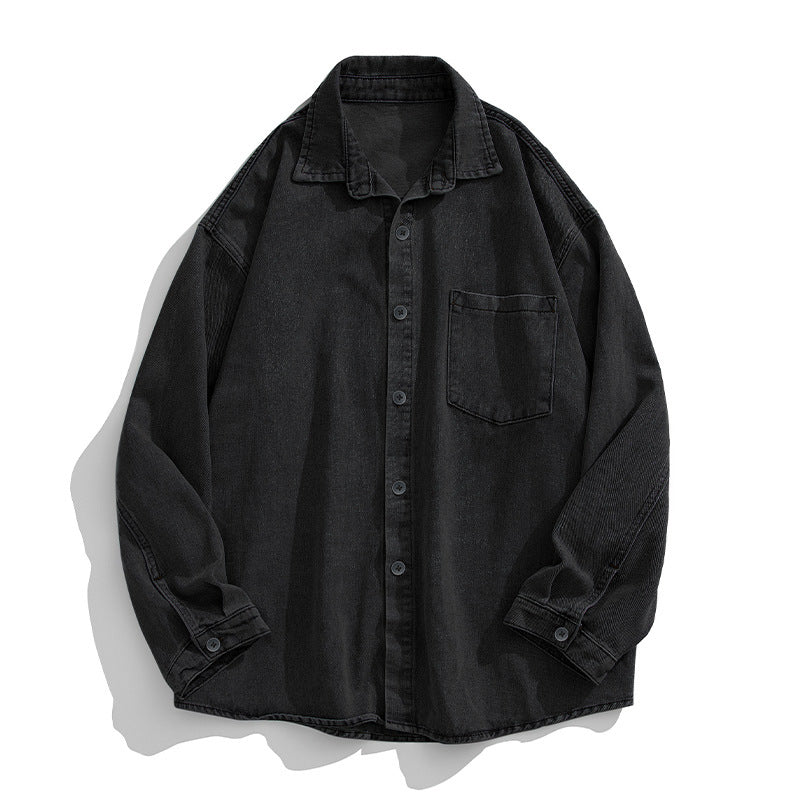 Unisex Lockeres Denim-Overhemd mit Brusttasche, gerundetem Saum und durchgehender Knopfleiste Echo Archiv