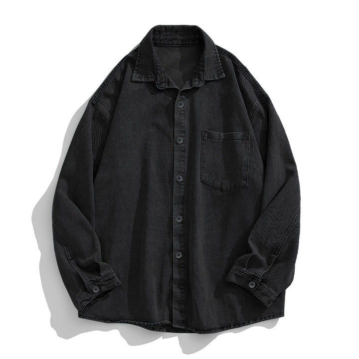 Unisex Lockeres Denim-Overhemd mit Brusttasche, gerundetem Saum und durchgehender Knopfleiste Echo Archiv