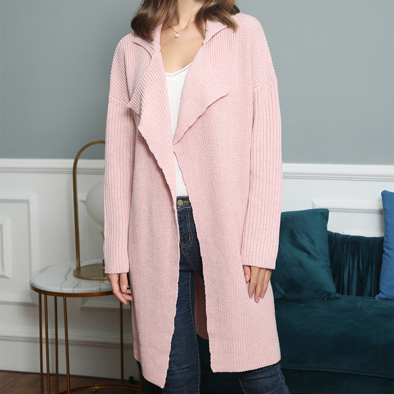 Damen langer offener Rippstrick-Cardigan mit weitem Schalkragen Echo Archiv