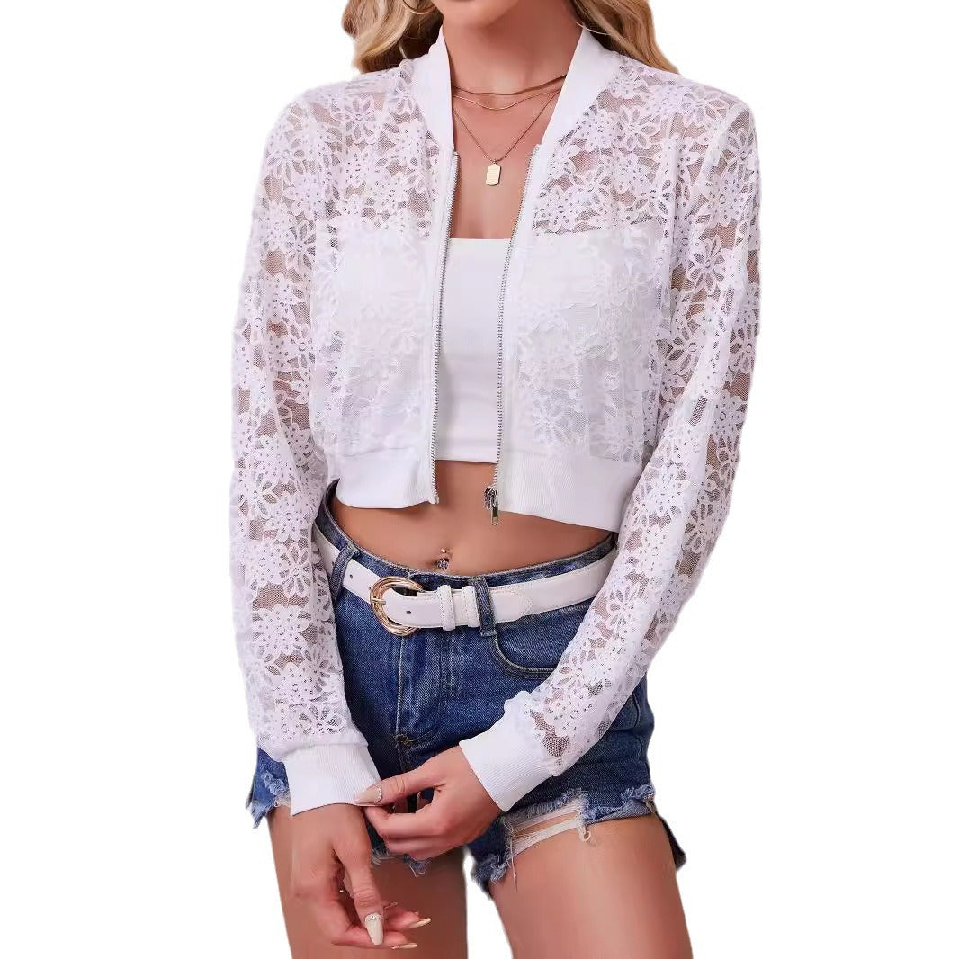 Damen nan florale Spitzen-Bomberjacke mit Reißverschluss und Rippbündchen Echo Archiv