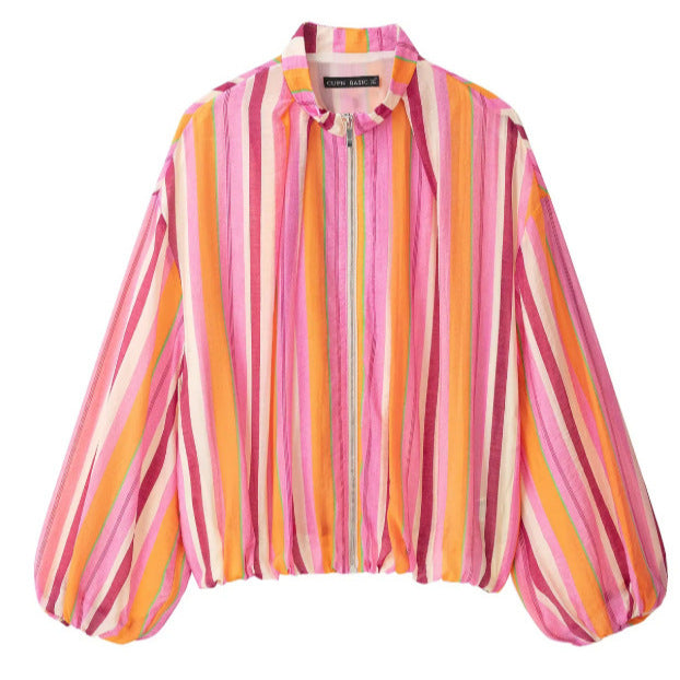Damen Leichte gestreifte Cropped Blousonjacke im Bomberstil mit Stehkragen, Reißverschluss und Ballonärmeln Echo Archiv