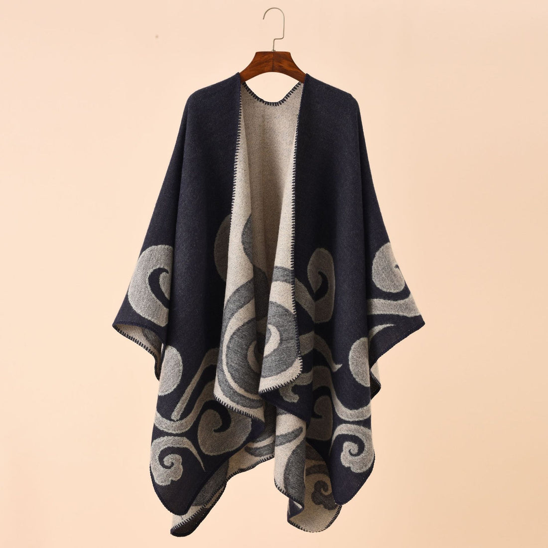Damen Wollmix-Capeponcho im Ruana-Schnitt mit ornamentaler Intarsienstruktur – Montévia