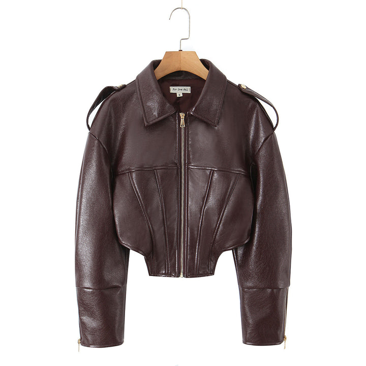Damen Cropped-Lederjacke mit taillierter Korsett-Optik, Schulterriegeln und Reißverschluss Echo Archiv