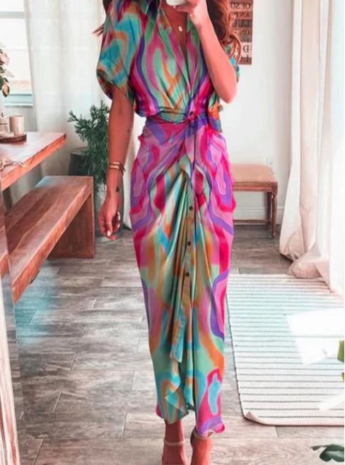Damen nan Drapiertes Hemdmidikleid mit Taillenbindegürtel, seitlicher Drapage und Knopfleiste Echo Archiv