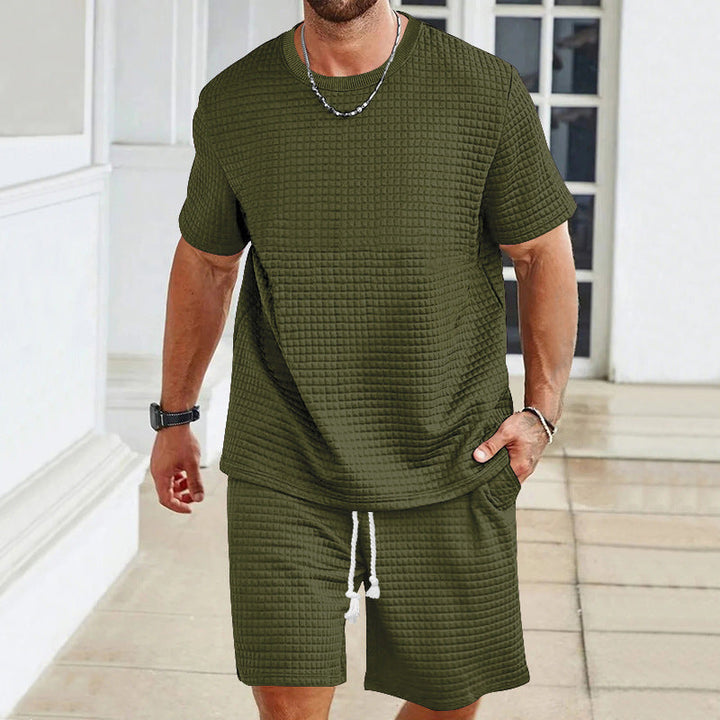 Herren nan leichter Freizeit-Zweiteiler in Waffelstruktur mit Rundhals-T-Shirt und komfortablen Shorts Echoarchiv