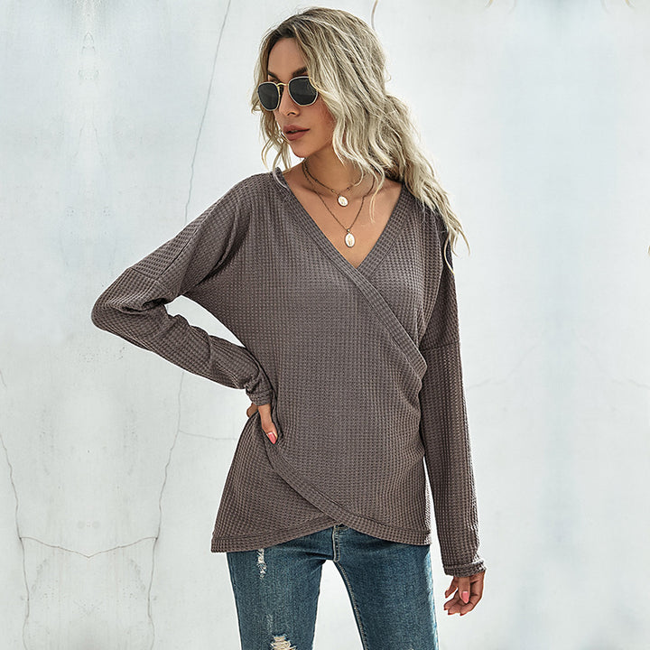 Damen Waffelstrick‑Wickelshirt mit V-Ausschnitt und langer Oversize-Ärmelpassform – Mavelle