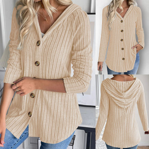 Damen Gerippte Kapuzen-Cardigan-Bluse mit Holzknopfleiste und gerafften Ärmeln – Veloura