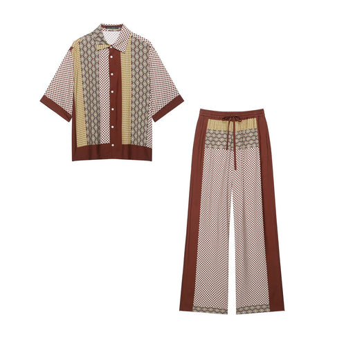 Damen Weite Palazzo‑Hose mit Print‑Einsätzen, Tunnelzugbund und Seitenpaspeln Echo Archiv