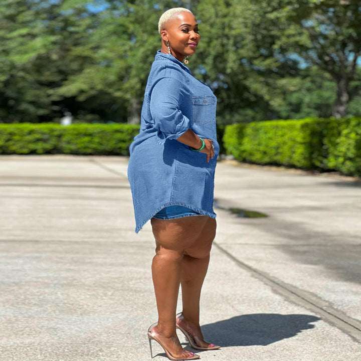 Damen Oversize-Denim-Hemdbluse im Longline-Schnitt mit Rollärmeln und Brusttaschen Echo Archiv