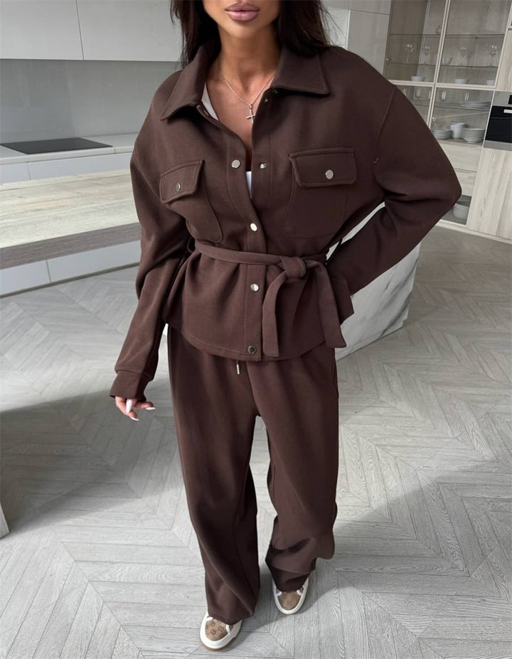Damen Zweiteiliges Loungewear-Set mit tailliertem Blouson, Bindegürtel und weiter Palazzo-Hose – Élanora