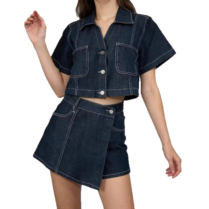Damen kurz geschnittene Denim-Bluse mit zwei aufgesetzten Taschen Echo Archiv