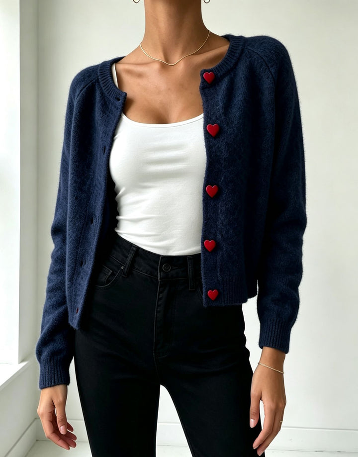 Damen Strickcardigan mit herzförmigen Zierknöpfen und weicher Mohair-Optik – Veloura