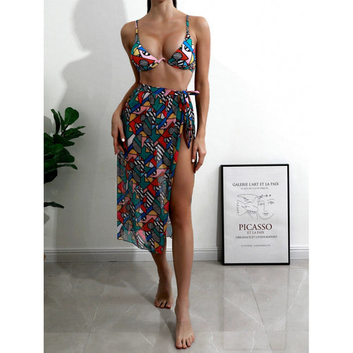 Damen Bikini-Set mit modischem Wickelrock und buntem Grafikdruck Echo Archiv