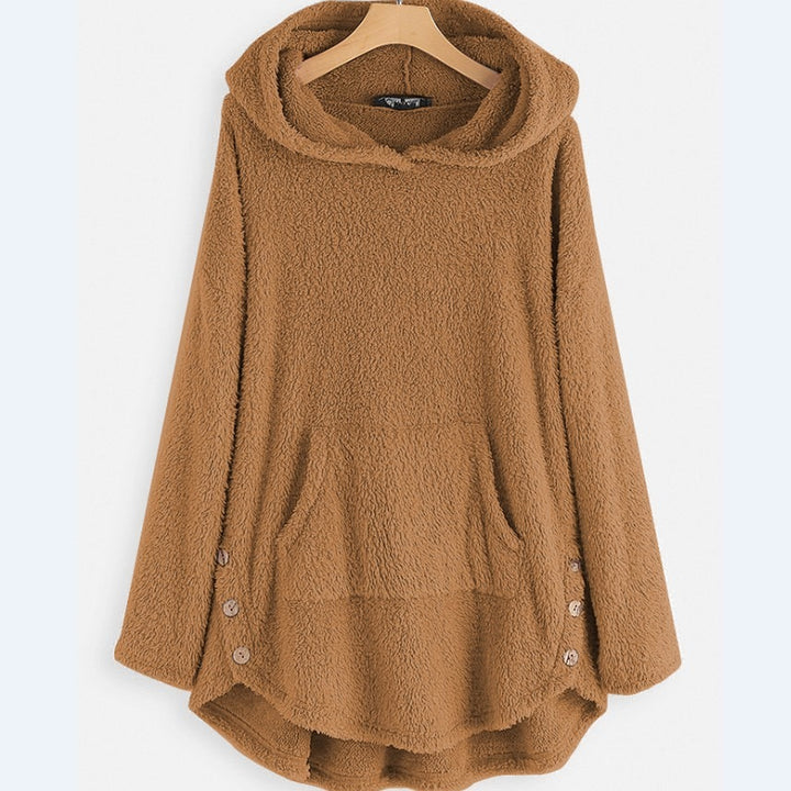Damen nan kuscheliger Teddy-Kapuzenpullover mit Kängurutasche, Knopfleiste an den Seiten und abgerundetem Saum Echo Archiv