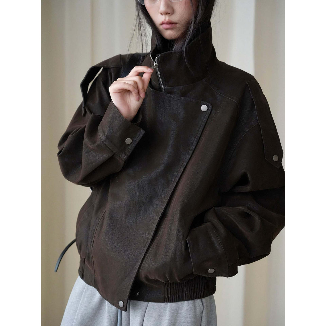 Damen Oversized Lederjacke mit hohem Kragen und asymmetrischer Druckknopfleiste Echoarchiv