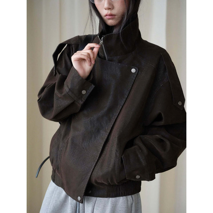 Damen Oversized Lederjacke mit hohem Kragen und asymmetrischer Druckknopfleiste Echoarchiv