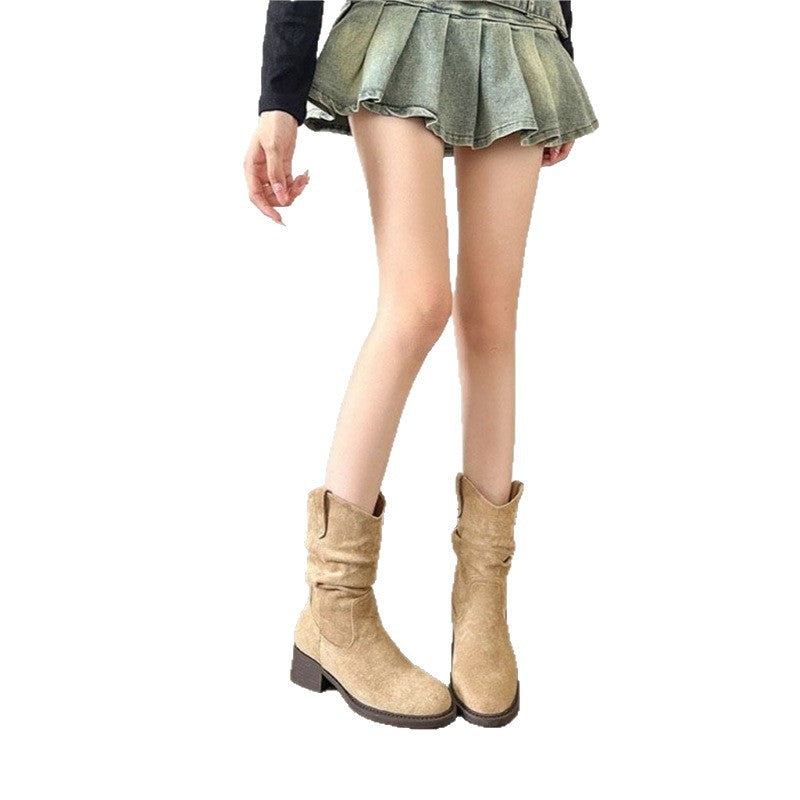 Damen Slouch-Stiefel aus Veloursleder mit gerafftem Schaft Echo Archiv