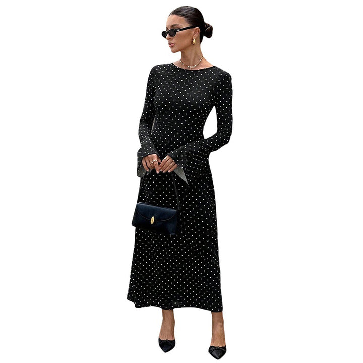 Damen elegantes Polka‑Dot Maxikleid mit tailliertem Oberteil, Trompetenärmeln und fließendem A‑Linien‑Rock – Valéora