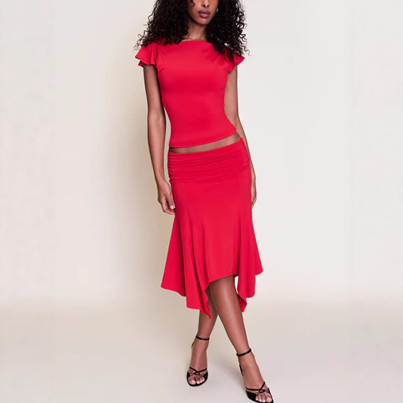 Damen Elegantes Oberteil mit Rüschendetails und asymmetrischem Rock Echo Archiv