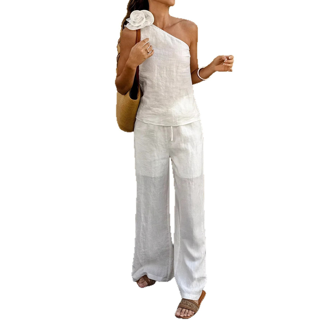 Damen Einschultriger Leinen-Jumpsuit mit Zier-Rosette und weitem Bein – Solévia