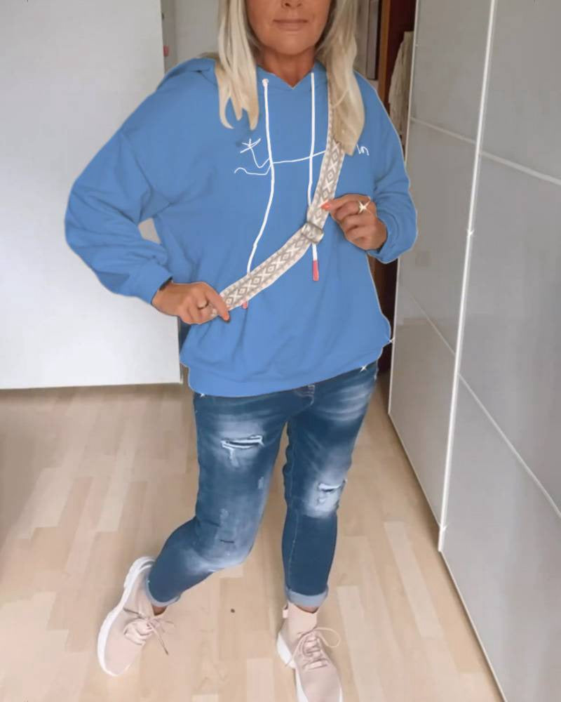 Damen nan lässiger Kapuzenpullover mit minimalistischer Liniengrafik, Kordelzug und geripptem Saum Echo Archiv