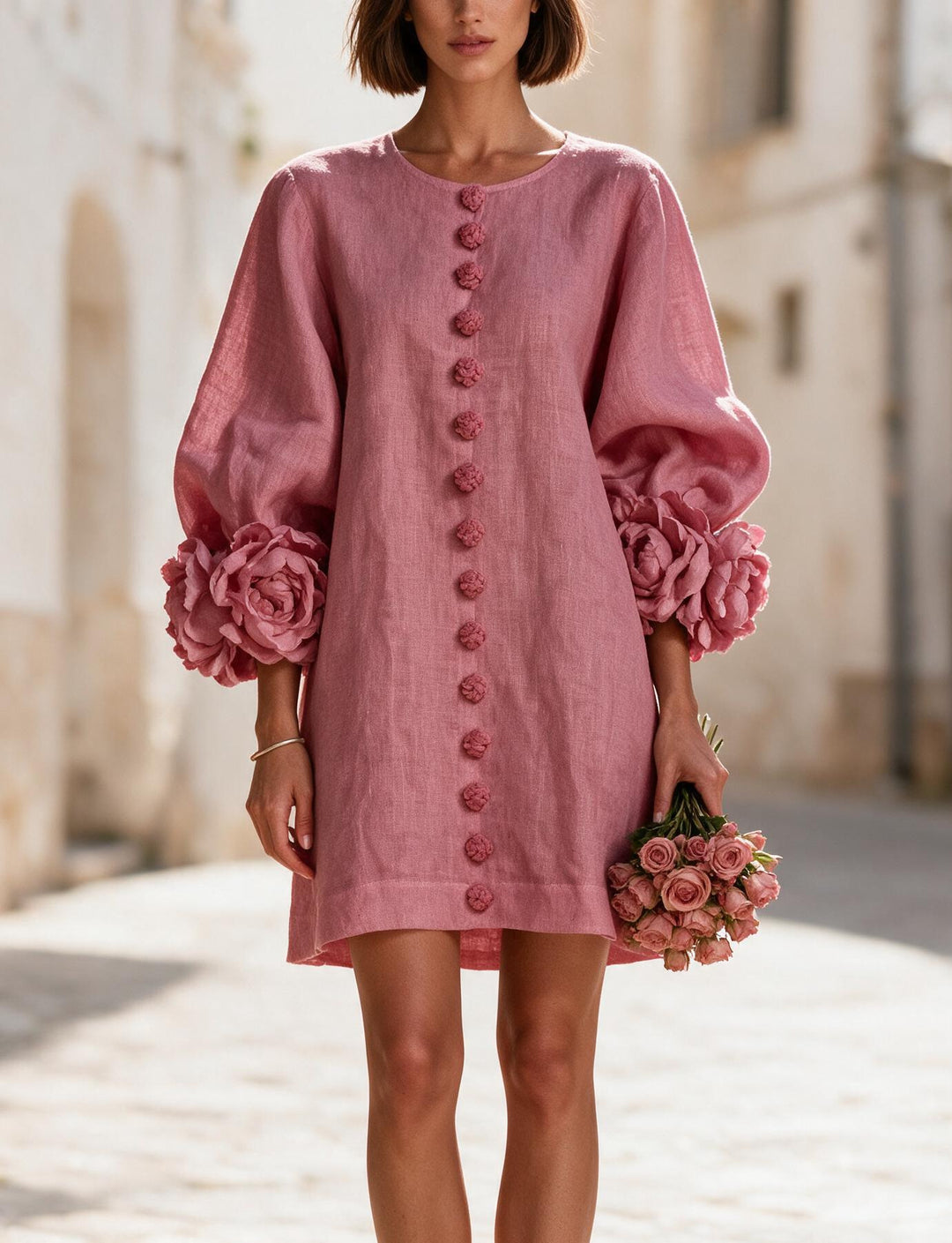 Damen Kurzkleid aus Leinen mit voluminösen Ballonärmeln und 3D-Blumenmanschetten Echoarchiv