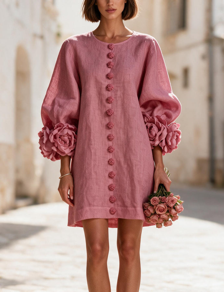 Damen Kurzkleid aus Leinen mit voluminösen Ballonärmeln und 3D-Blumenmanschetten Echoarchiv