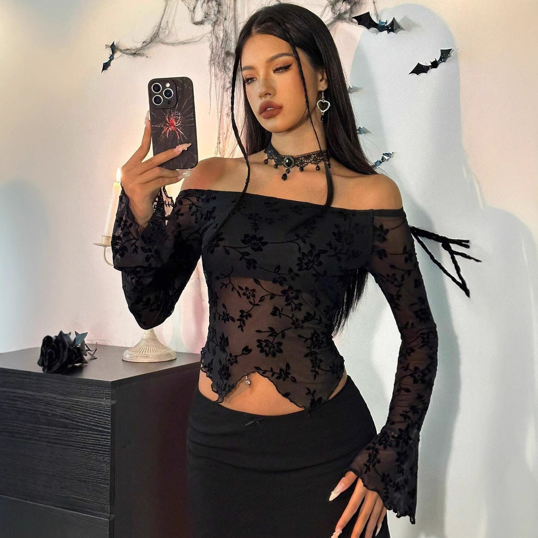 Damen nan transparentes Mesh-Top mit floraler Samt-Flock-Applikation, Carmen-Ausschnitt und kurzem Taillen-Saum Echo Archiv