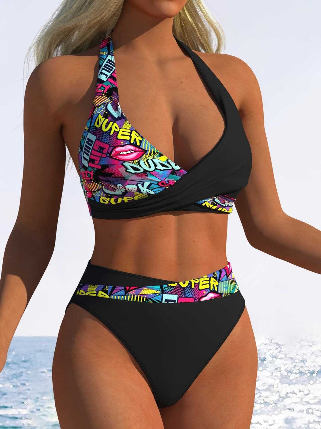 Damen Hoch geschnittenes Bikini-Set mit modischem Wickeloberteil und elastischem Bund Echo Archiv