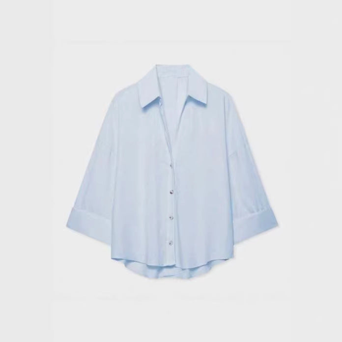 Damen Leichte Oversize Leinenoptik Bluse mit Dreiviertelärmeln und durchgehender Knopfleiste Echoarchiv