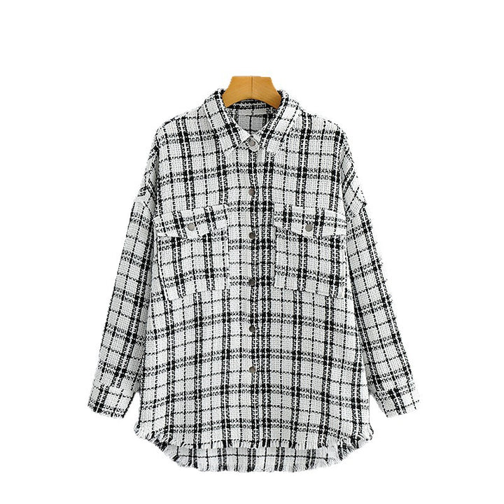 Damen Oversized Tweed-Hemdjacke mit Brusttaschen und fransigem Saum Echo Archiv