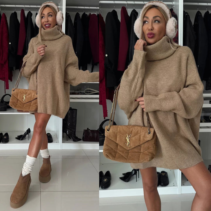 Damen Lässiges Oversized Strick-Minikleid mit hohem Rollkragen und Ballonärmeln – Élara
