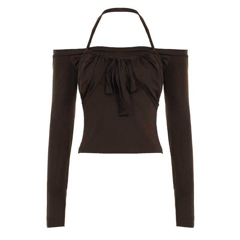 Damen Kurzgeschnittenes Schulterfreies Longsleeve mit Neckholder, Brustraffung und BindEcho Archivand – Avérine