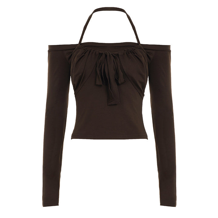Damen Kurzgeschnittenes Schulterfreies Longsleeve mit Neckholder, Brustraffung und BindEcho Archivand – Avérine