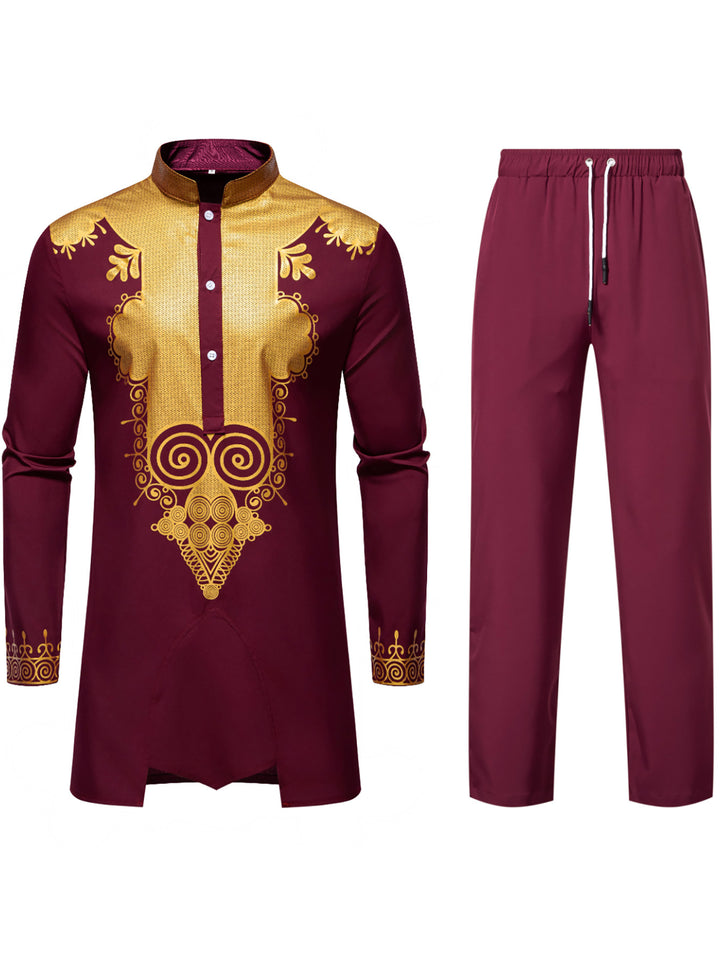 Herren Traditionelles Tunika-Set mit Mandarinkragen und goldverzierten Ornamenten Echo Archiv