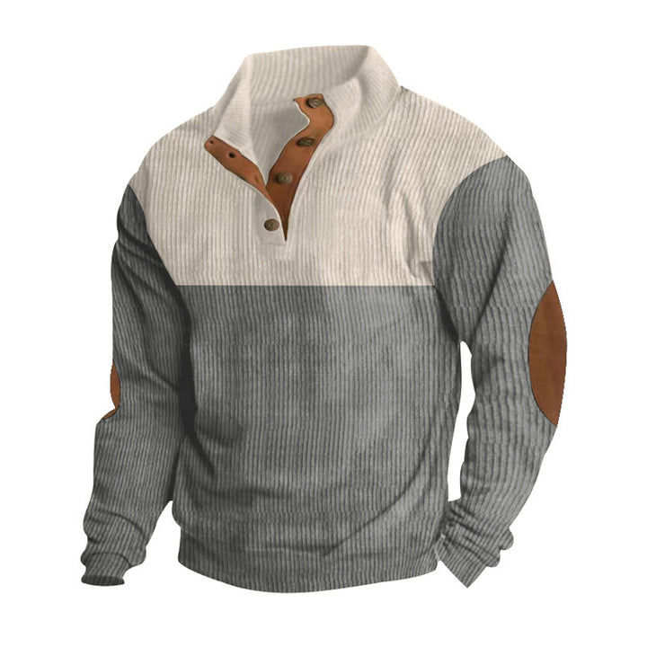 Herren nan rustikaler gerippter Pullover mit Henley-Kragen und lederartigen Ellbogenbesätzen Echo Archiv