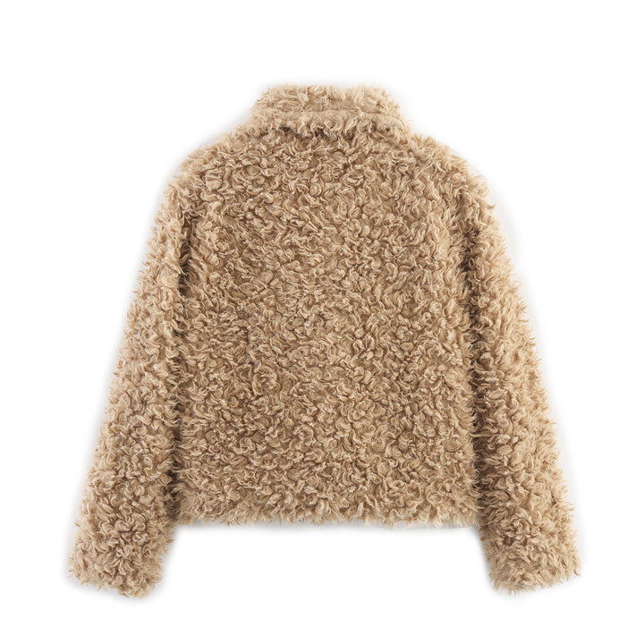 Damen nan kurze Bouclé-Teddyjacke mit lockiger Webstruktur Hemdkragen und Knopfverschluss Echo Archiv