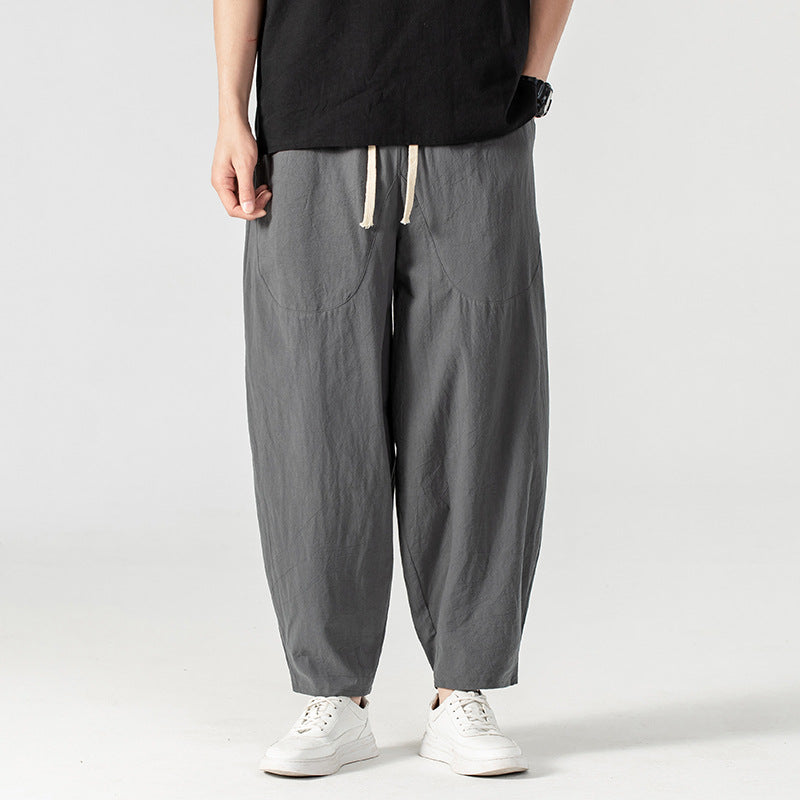 Herren Lässige Leinen-Baumwoll-Hose mit weitem Bein, Kordelzug und aufgesetzten Taschen Echoarchiv