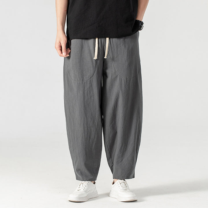 Herren Lässige Leinen-Baumwoll-Hose mit weitem Bein, Kordelzug und aufgesetzten Taschen Echoarchiv