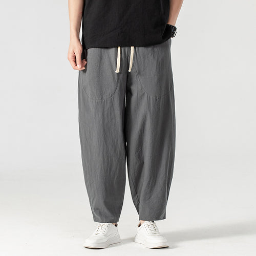 Herren Lässige Leinen-Baumwoll-Hose mit weitem Bein, Kordelzug und aufgesetzten Taschen Echoarchiv