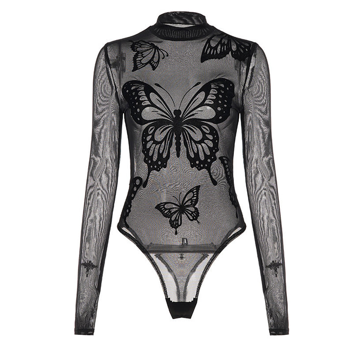 Damen Elegantes Bodysuit mit feinen Schmetterlingsmotiven und transparentem Stoff Echo Archiv
