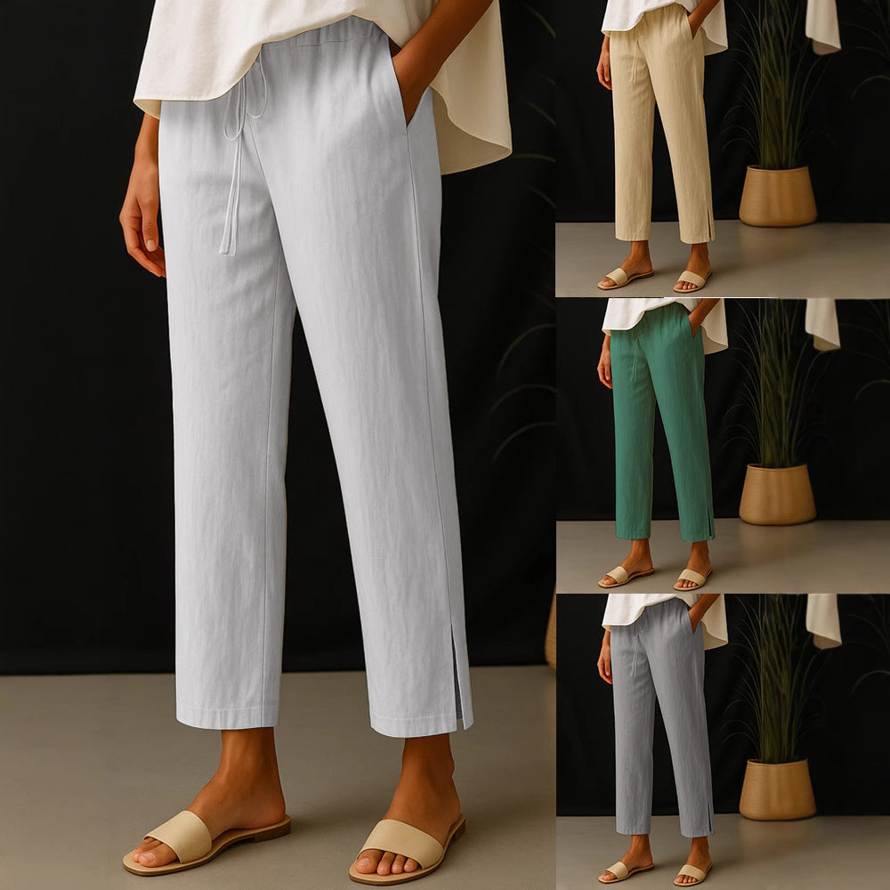Damen Casual-Chino Leinenoptik Culotte mit elastischem Tunnelzugbund und Eingrifftaschen – Avélisse