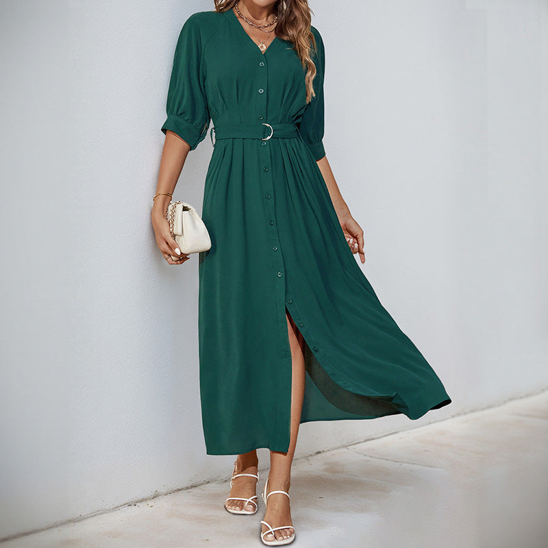 Damen Midikleid mit durchgehender Knopfleiste, V-Ausschnitt und D-Ring-Taillengürtel Echoarchiv