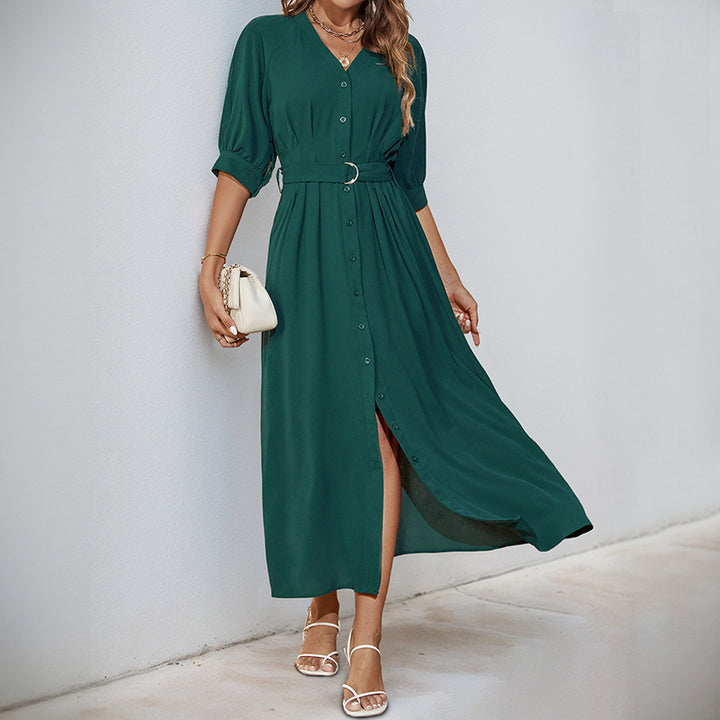Damen Midikleid mit durchgehender Knopfleiste, V-Ausschnitt und D-Ring-Taillengürtel Echoarchiv